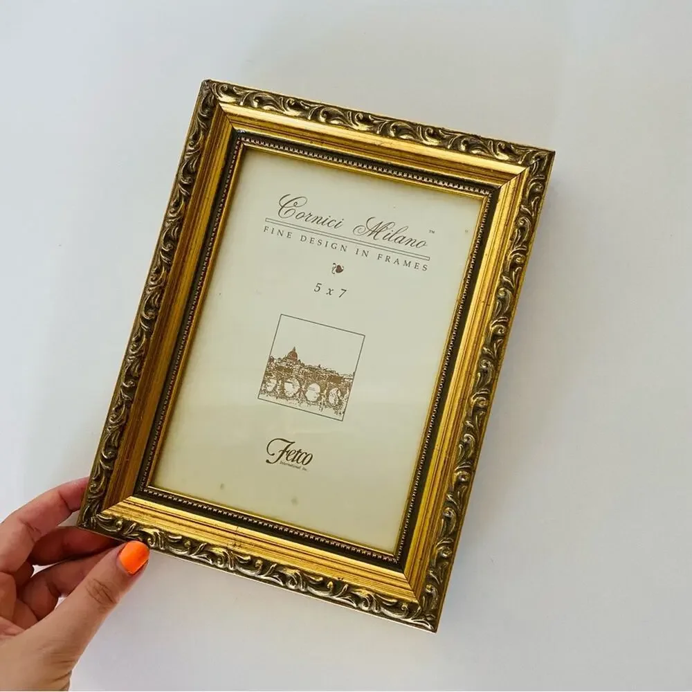 VINTAGE Antiqued Yellow Gold Etched Swirl Metal Photo Picture Frame Y2K 90s